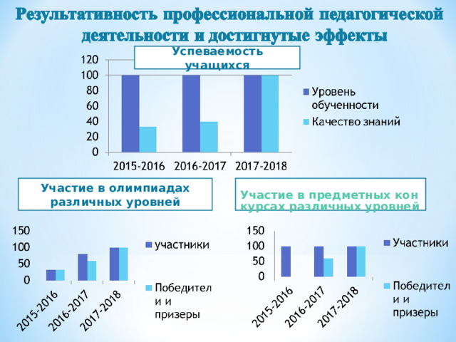 Успеваемость учащихся Участие в олимпиадах различных уровней Участие в предметных конкурсах различных уровней 