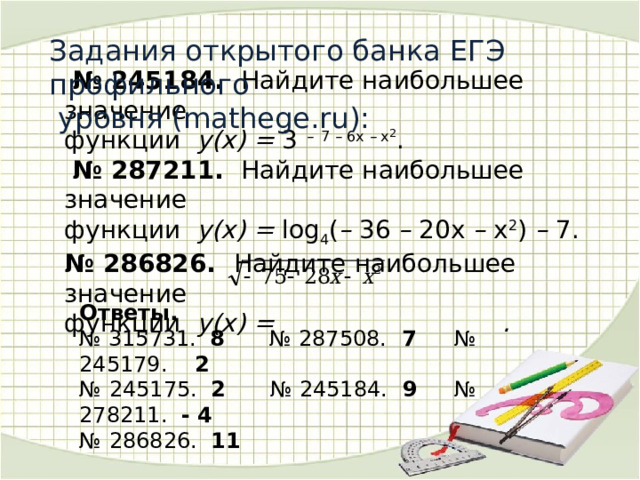 Задания открытого банка ЕГЭ профильного  уровня (mathege.ru):       № 245184. Найдите наибольшее значение  функции y(х) = 3 –  7 – 6х – x 2 .   № 287211. Найдите наибольшее значение  функции y(х) = log 4 ( – 36 – 20х – x 2 ) – 7.  № 286826. Найдите наибольшее значение  функции y(х) = .             Ответы. № 315731. 8 № 287508. 7 № 245179. 2 №  245175. 2 № 245184. 9 № 278211. - 4 №  286826. 11 