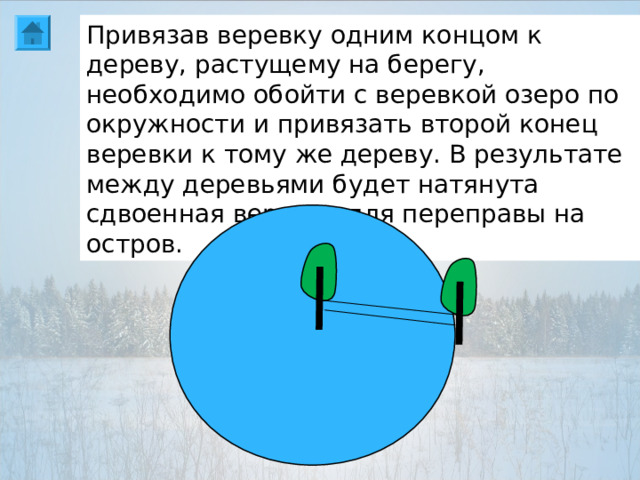 Привязав веревку одним концом к дереву, растущему на берегу, необходимо обойти с веревкой озеро по окружности и привязать второй конец веревки к тому же дереву. В результате между деревьями будет натянута сдвоенная веревка для переправы на остров.