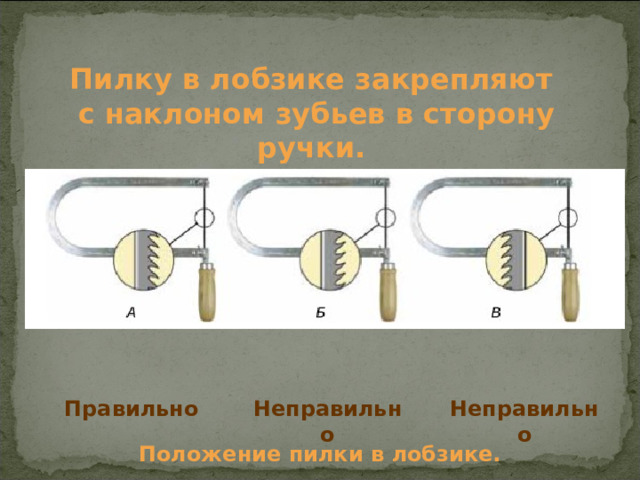 Пилку в лобзике закрепляют с наклоном зубьев в сторону ручки. Правильно Неправильно Неправильно Положение пилки в лобзике. 