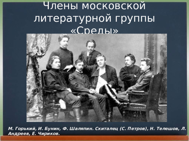 Члены московской литературной группы «Среды» М. Горький, И. Бунин, Ф. Шаляпин. Скиталец (С. Петров), Н. Телешов, Л. Андреев, Е. Чириков. 