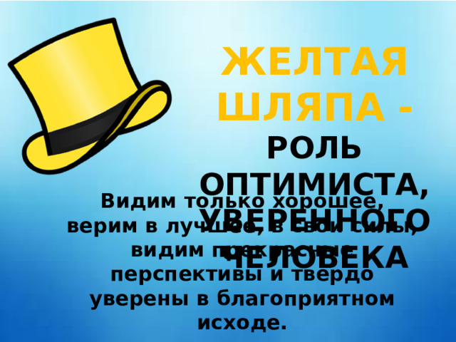 ЖЕЛТАЯ ШЛЯПА - РОЛЬ ОПТИМИСТА, УВЕРЕННОГО ЧЕЛОВЕКА Видим только хорошее, верим в лучшее, в свои силы, видим прекрасные перспективы и твёрдо уверены в благоприятном исходе. 