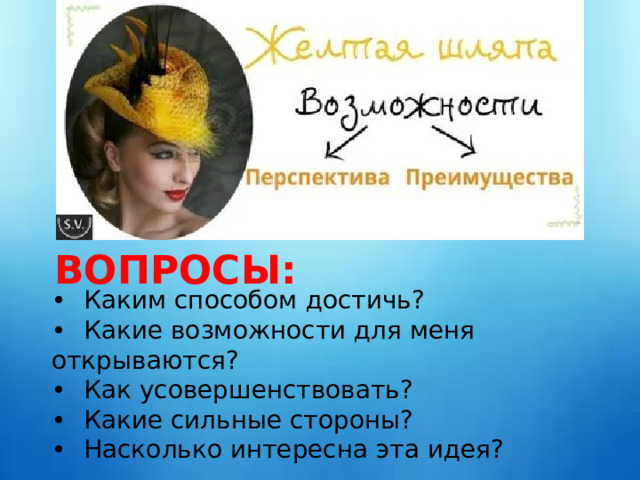 ВОПРОСЫ: •  Каким способом достичь? •  Какие возможности для меня открываются? •  Как усовершенствовать? •  Какие сильные стороны? •  Насколько интересна эта идея? 