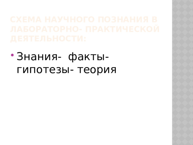Схема научного познания в лабораторно- практической деятельности: Знания- факты- гипотезы- теория 