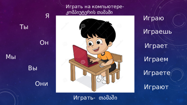 Играть на компьютере- კომპიუტერის თამაში Я Играю Ты Играешь Он Играет Мы Играем Вы Играете Они Играют Играть- თამაში 