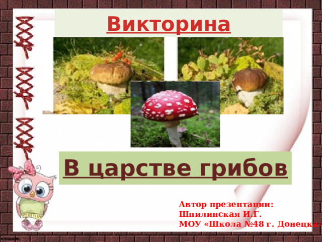 Викторина В царстве грибов Автор презентации: Шпилинская И.Г. МОУ «Школа №48 г. Донецка » 