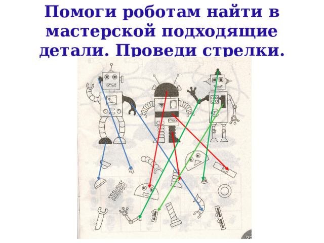 Помоги роботам найти в мастерской подходящие детали. Проведи стрелки. 