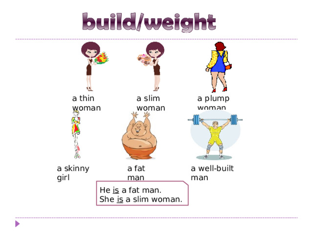a slim woman a plump woman a thin woman a skinny girl a fat man a well-built man He is a fat man. She is a slim woman. 