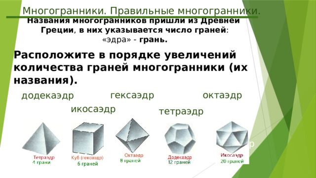 Многогранники. Правильные многогранники. Названия   многогранников   пришли   из   Древней   Греции ,  в   них   указывается   число   граней : «эдра» -  грань. Расположите в порядке увеличений количества граней многогранники (их названия). гексаэдр октаэдр додекаэдр икосаэдр тетраэдр октаэдр додекаэдр икосаэдр гексаэдр тетраэдр 