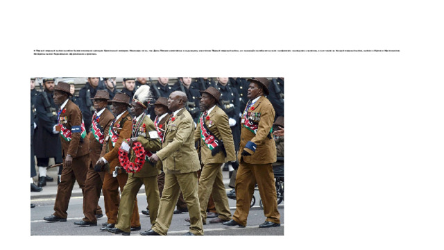 В Первой мировой войне погибли более миллиона граждан Британской империи. Несмотря на то, что День Памяти отмечается в годовщину окончания Первой мировой войны, он посвящён погибшим во всех конфликтах последнего столетия, в том числе во Второй мировой войне, войнах в Ираке и Афганистане.  Ветераны полка Королевских африканских стрелков .   