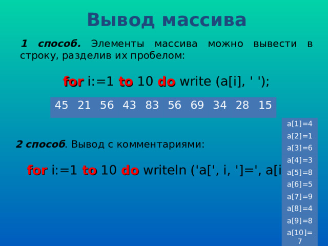 Вывод массива 1 способ. Элементы массива можно вывести в строку, разделив их пробелом: for i:=1 to 10 do write (a[i], ' '); 45 21 56 43 83 56 69 34 28 15 a[1]=4 a[2]=1 a[3]=6 a[4]=3 a[5]=8 a[6]=5 a[7]=9 a[8]=4 a[9]=8 a[10]=7 2 способ . Вывод с комментариями: for i:=1 to 10 do writeln ('a[', i, ']=', a[i]); 
