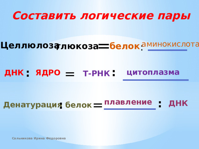 Составить логические пары = аминокислота Целлюлоза : белок глюкоза : = : : цитоплазма ДНК ЯДРО Т-РНК = : плавление : ДНК Денатурация белок Сальникова Ирина Федоровна