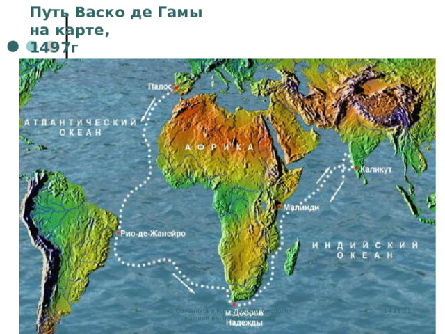 Путь Васко де Гамы на карте, 1497г © Сальникова И.Ф., учитель биологии высшей категории 2021 год 14.11.21