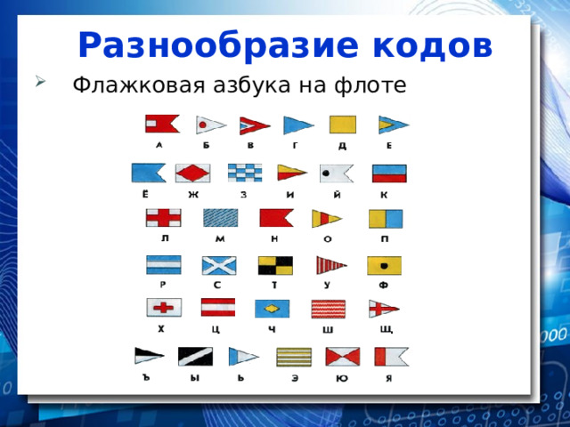 Разнообразие кодов Флажковая азбука на флоте 