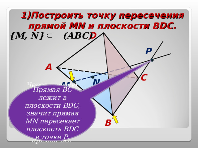 1)Построить точку пересечения прямой М N и плоскости BDC . D { М, N}  ( АВС ) P A C N M Через прямую М N проходит плоскость АВС, пересекающая плоскость BDC по прямой ВС . Прямая ВС лежит в плоскости BDC , значит прямая М N пересекает плоскость BDC в точке Р. Прямая М N пересекается с прямой ВС в точке Р. Ответ: B 