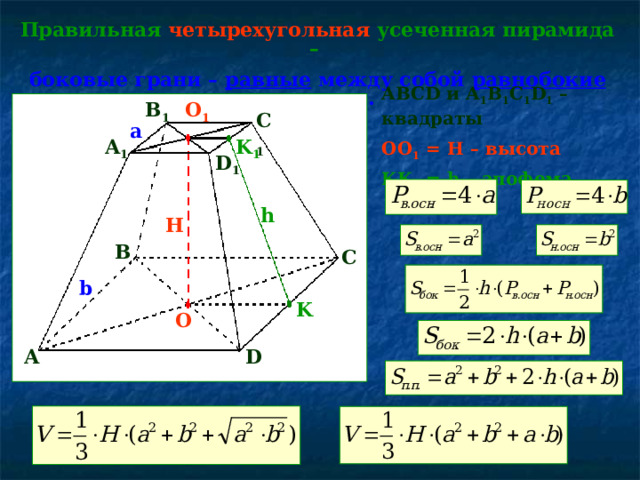 Правильная четырехугольная усеченная пирамида – боковые грани – равные между собой равнобокие трапеции.  ABCD и A 1 B 1 C 1 D 1 – квадраты OO 1 = H – высота KK 1 = h – апофема B 1 O 1 C 1 a K 1 A 1 D 1 h H B C b K O A D 