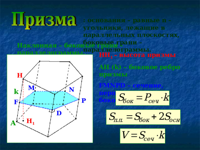 : основания – равные n – угольники, лежащие в параллельных плоскостях, боковые грани – параллелограммы. Наклонная – боковые грани – параллелограммы. HH 1  – высота призмы AH ( k ) – боковое ребро призмы FMNPD – сечение, перпендикулярное боковому ребру H M N k P F D H 1 A 