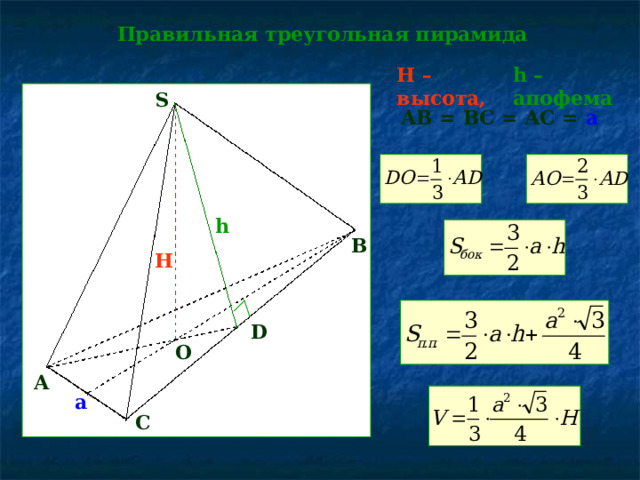 Правильная треугольная пирамида h – апофема  H – высота,   S AB = BC = AC = a  h B H D O A a C 