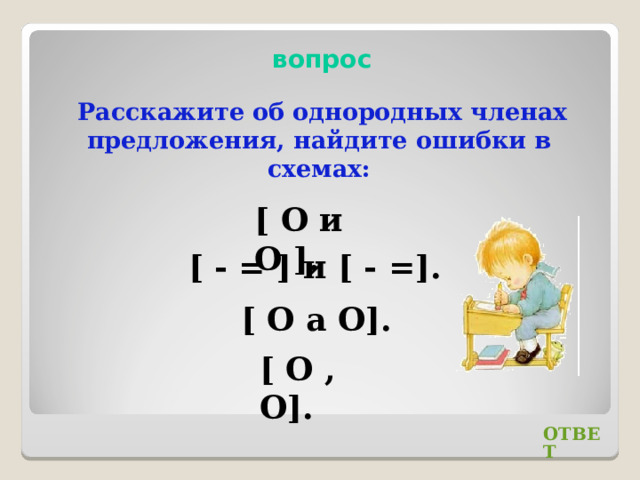  вопрос Расскажите об однородных членах предложения, найдите ошибки в схемах: [ О и О ]. [ - = ] и [ - =]. [ О а О]. [ О , О]. ОТВЕТ 