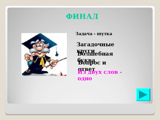 ФИНАЛ Задача - шутка Загадочные круги Волшебная буква Вопрос и ответ Из двух слов - одно 