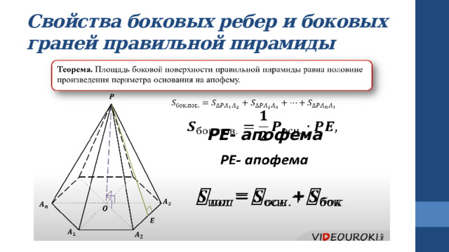 Свойства боковых ребер и боковых граней правильной пирамиды    PE- апофема   