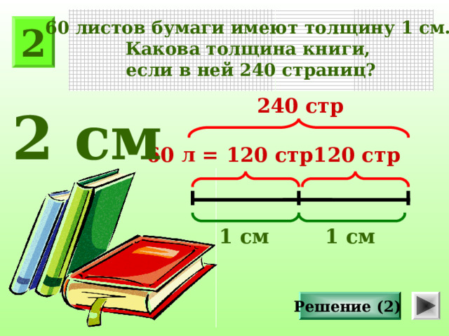 60 листов бумаги имеют толщину 1 см. Какова толщина книги, если в ней 240 страниц? 2 240 стр 2 см 60 л = 120 стр 120 стр 1 см 1 см Решение (2) 