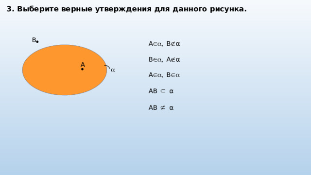 3. Выберите верные утверждения для данного рисунка. B A , B  α B , A  α A , B  AB   α AB   α  A  