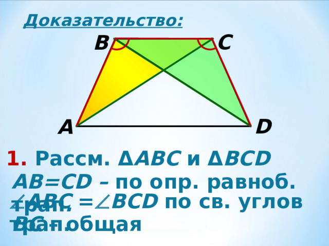 Доказательство: C B D A 1. Рассм. Δ АВС и Δ В CD  А B = CD – по опр. равноб. трап .  АВС =  BCD по св. углов трап. ВС – общая 