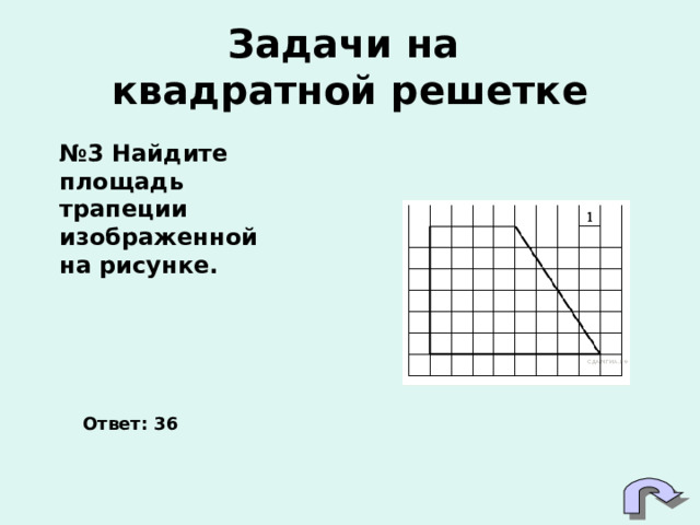 Задачи на  квадратной решетке № 3 Найдите площадь трапеции изображенной на рисунке.  Ответ: 36