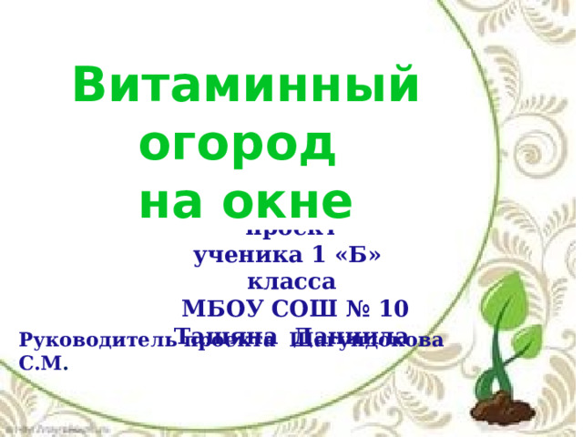 Витаминный огород на окне Исследовательский проект ученика 1 «Б» класса  МБОУ СОШ № 10 Тащяна Даниила  Руководитель проекта Шагундокова С.М . 