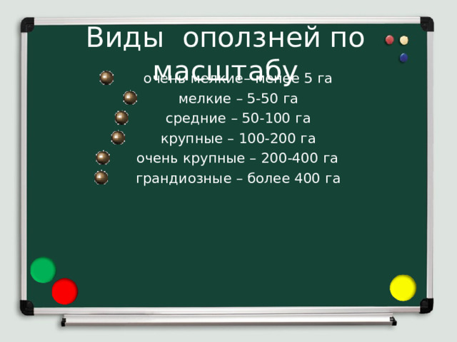 Виды оползней по масштабу  очень мелкие– менее 5 га  мелкие – 5-50 га  средние – 50-100 га  крупные – 100-200 га  очень крупные – 200-400 га  грандиозные – более 400 га 