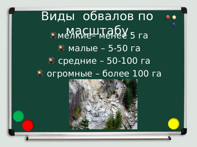 Виды обвалов по масштабу мелкие– менее 5 га  малые – 5-50 га  средние – 50-100 га  огромные – более 100 га 