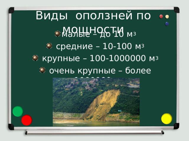 Виды оползней по мощности малые – до 10 м 3  средние – 10-100 м 3  крупные – 100-1000000 м 3  очень крупные – более 1000000 м 3 