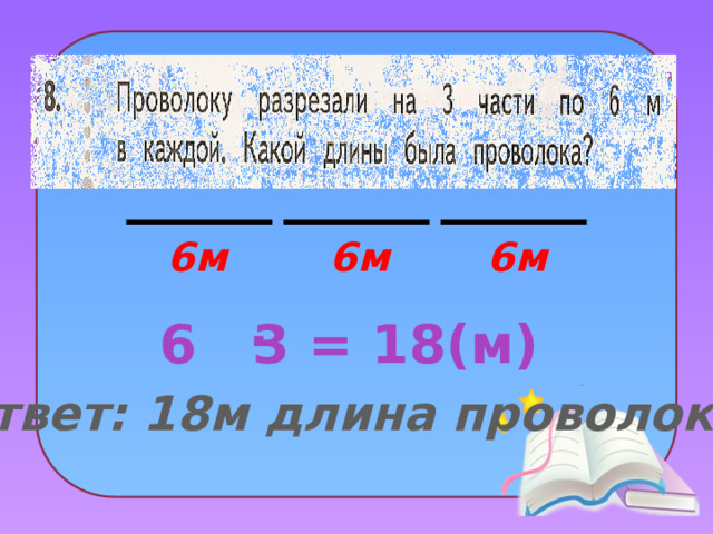 6м 6м 6м . 6 3 = 18(м) Ответ: 18м длина проволоки .