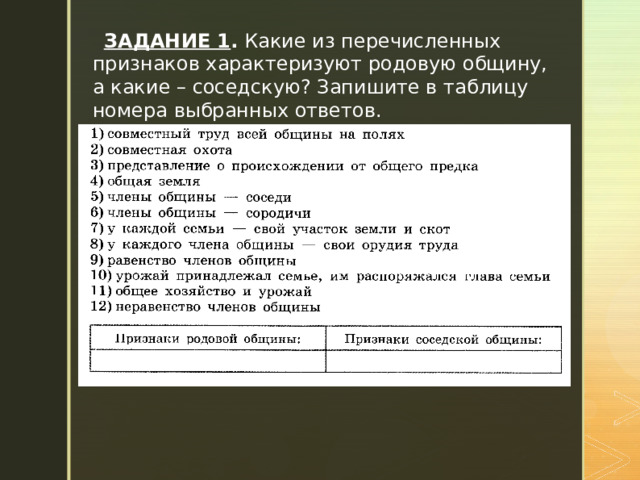 ЗАДАНИЕ 1 . Какие из перечисленных признаков характеризуют родовую общину, а какие – соседскую? Запишите в таблицу номера выбранных ответов. 