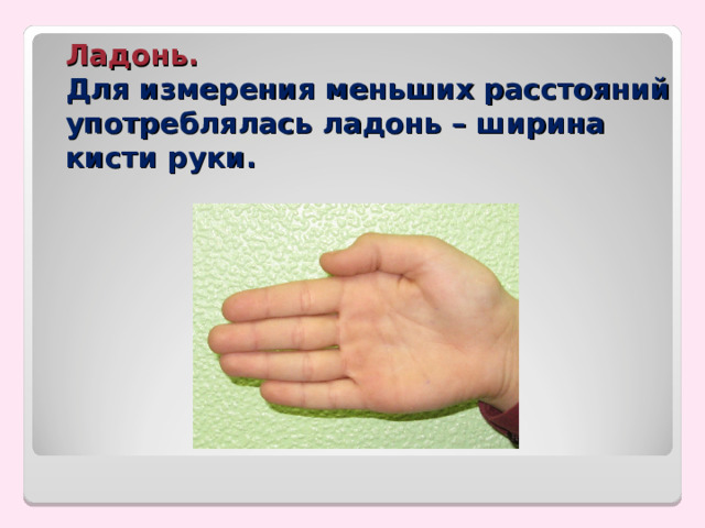 Ладонь.  Для измерения меньших расстояний употреблялась ладонь – ширина кисти руки. 