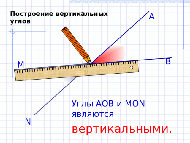 Построение вертикальных углов А В М О Углы АОВ и МО N являются вертикальными.  N 