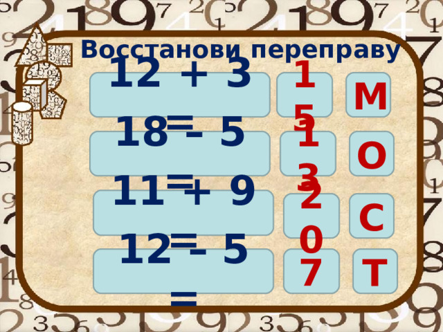 Восстанови переправу 12 + 3 = М 15 18 – 5 = О 13 11 + 9 = С 20 12 – 5 = Т 7