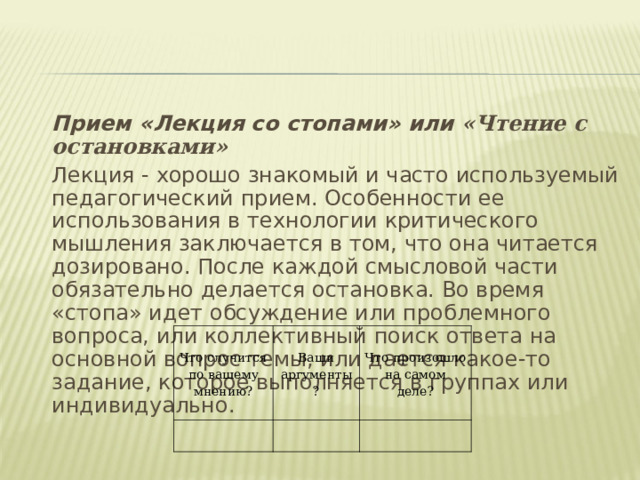  Прием «Лекция со стопами» или «Чтение с остановками»    Лекция - хорошо знакомый и часто используемый педагогический прием. Особенности ее использования в технологии критического мышления заключается в том, что она читается дозировано. После каждой смысловой части обязательно делается остановка. Во время «стопа» идет обсуждение или проблемного вопроса, или коллективный поиск ответа на основной вопрос темы, или дается какое-то задание, которое выполняется в группах или индивидуально. Что случится по вашему мнению?   Ваши аргументы? Что произошло на самом деле?     