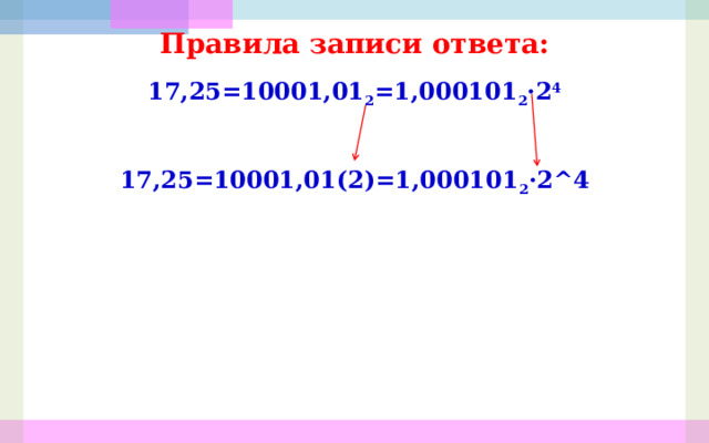 Правила записи ответа: 17,25=10001,01 2 =1,000101 2 ·2 4 17,25=10001,01(2)=1,000101 2 ·2^4 