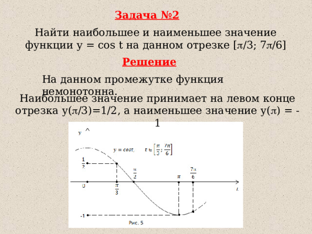 Задача №2 Найти наибольшее и наименьшее значение функции y = cos t на данном отрезке [  / 3 ; 7  / 6 ] Решение На данном промежутке функция немонотонна. Наибольшее значение принимает на левом конце отрезка  у(  /3)=1/2, а наименьшее значение у(  ) = -1 