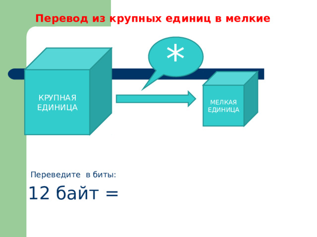 Перевод из крупных единиц в мелкие * КРУПНАЯ ЕДИНИЦА МЕЛКАЯ ЕДИНИЦА Переведите в биты: 12 байт = 