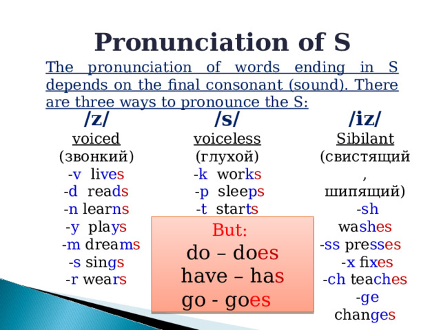 Pronunciation of S The pronunciation of words ending in S depends on the final consonant (sound). There are three ways to pronounce the S:  / iz /  / s / / z / Sibilant ( свистящий, шипящий )  - sh wa sh es - ss pre ss es   - x fi x es - ch tea ch es  - ge chan ge s voiceless ( глухой ) - k wor k s  - p slee p s - t star t s voiced ( звонкий ) - v li ve s - d rea d s - n lear n s - y pla y s  - m drea m s - s sin g s - r wea r s But: do – do es have – ha s go - go es  