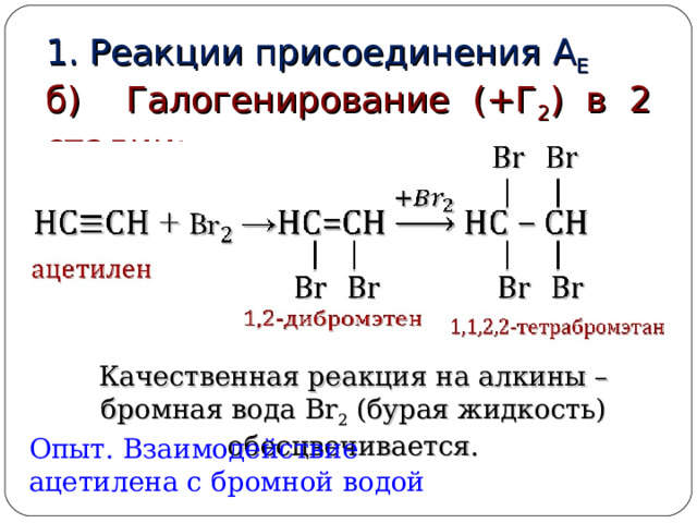 1. Реакции присоединения  А Е б) Галогенирование (+Г 2 ) в 2 стадии: Качественная реакция на алкины – бромная вода Br 2 (бурая жидкость) обесцвечивается. Опыт. Взаимодействие ацетилена с бромной водой 