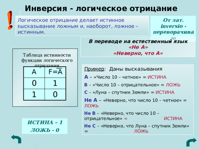 Инверсия - логическое отрицание От лат. inversio - переворачиваю Логическое отрицание делает истинное высказывание ложным и, наоборот, ложное – истинным. В переводе на естественный язык  «Не А»  «Неверно, что А» Таблица истинности функции логического отрицания Пример : Даны высказывания А – «Число 10 – четное» = ИСТИНА В – «Число 10 – отрицательное» = ЛОЖЬ С  – «Луна – спутник Земли» = ИСТИНА Не А – «Неверно, что число 10 – четное» = ЛОЖЬ Не В – «Неверно, что число 10 – отрицательное» =     ИСТИНА Не С – «Неверно, что Луна – спутник Земли» =       ЛОЖЬ A 0 F=А 1 1 0 ИСТИНА – 1 ЛОЖЬ - 0 0 