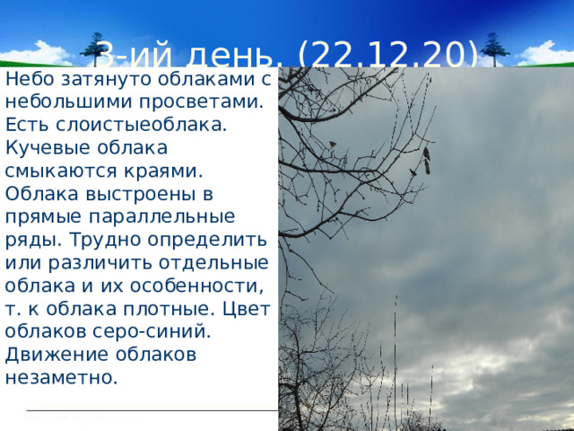 3-ий день. (22.12.20) Небо затянуто облаками с небольшими просветами. Есть слоистыеоблака. Кучевые облака смыкаются краями. Облака выстроены в прямые параллельные ряды. Трудно определить или различить отдельные облака и их особенности, т. к облака плотные. Цвет облаков серо-синий. Движение облаков незаметно. 