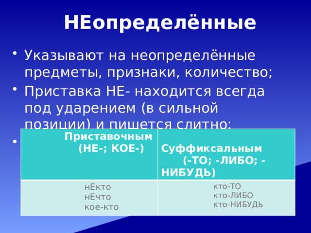  НЕопределённые Указывают на неопределённые предметы, признаки, количество; Приставка НЕ- находится всегда под ударением (в сильной позиции) и пишется слитно; Образуются двумя способами:  Приставочным  нЕкто  (НЕ-; КОЕ-)   Суффиксальным  нЕчто  кто-ТО  (-ТО; -ЛИБО; -НИБУДЬ)  кое-кто  кто-ЛИБО  кто-НИБУДЬ 