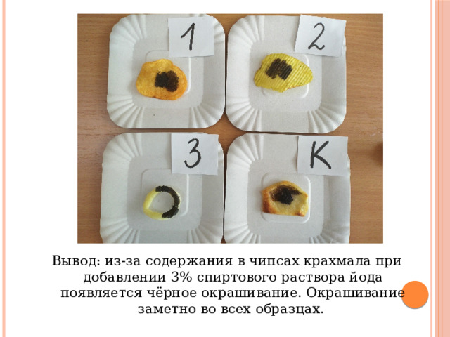 Вывод: из-за содержания в чипсах крахмала при добавлении 3% спиртового раствора йода появляется чёрное окрашивание. Окрашивание заметно во всех образцах. 