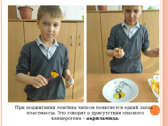 При поджигании ломтика чипсов появляется едкий запах пластмассы. Это говорит о присутствии опасного канцерогена – акриламида. 
