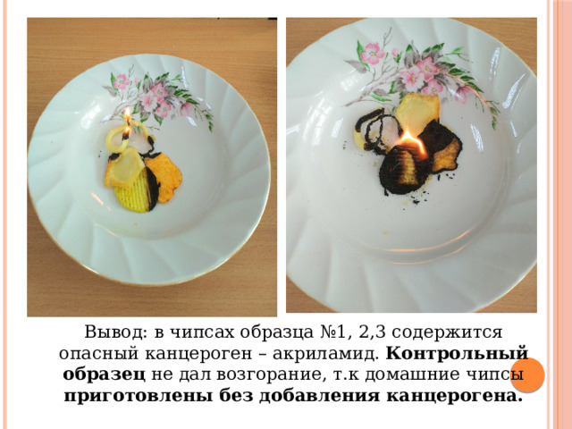  Вывод: в чипсах образца №1, 2,3 содержится опасный канцероген – акриламид. Контрольный образец не дал возгорание, т.к домашние чипсы приготовлены без добавления канцерогена. 